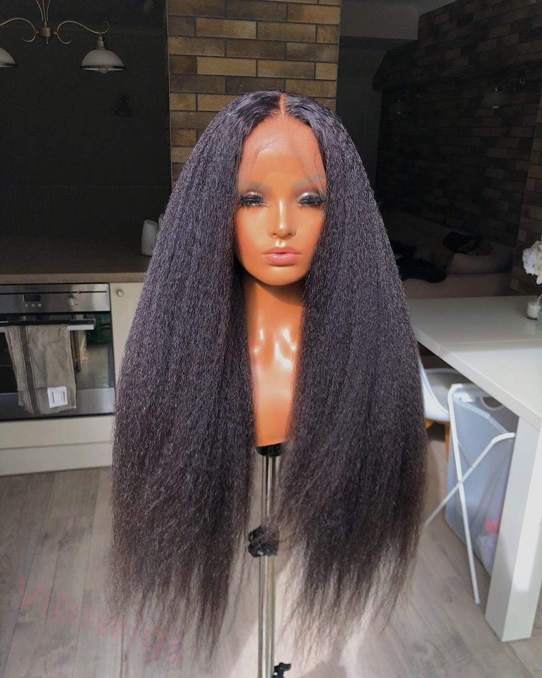 Kinky straight 200% density glueless brazilian black wigs