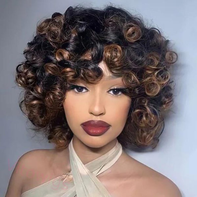 Bouncy Curly Ombre With Bangs Two Tone Color Dark Root Bob Wig