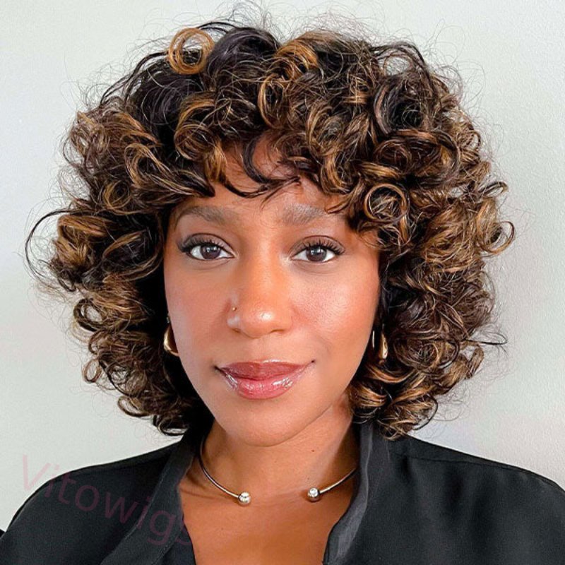 Bouncy Curly Ombre With Bangs Two Tone Color Dark Root Bob Wig