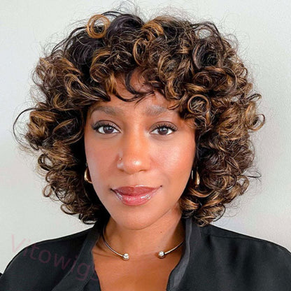 Bouncy Curly Ombre With Bangs Two Tone Color Dark Root Bob Wig