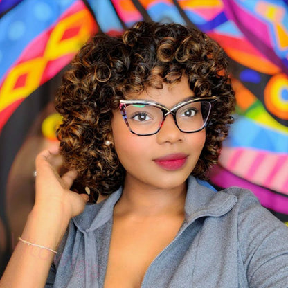 Bouncy Curly Ombre With Bangs Two Tone Color Dark Root Bob Wig