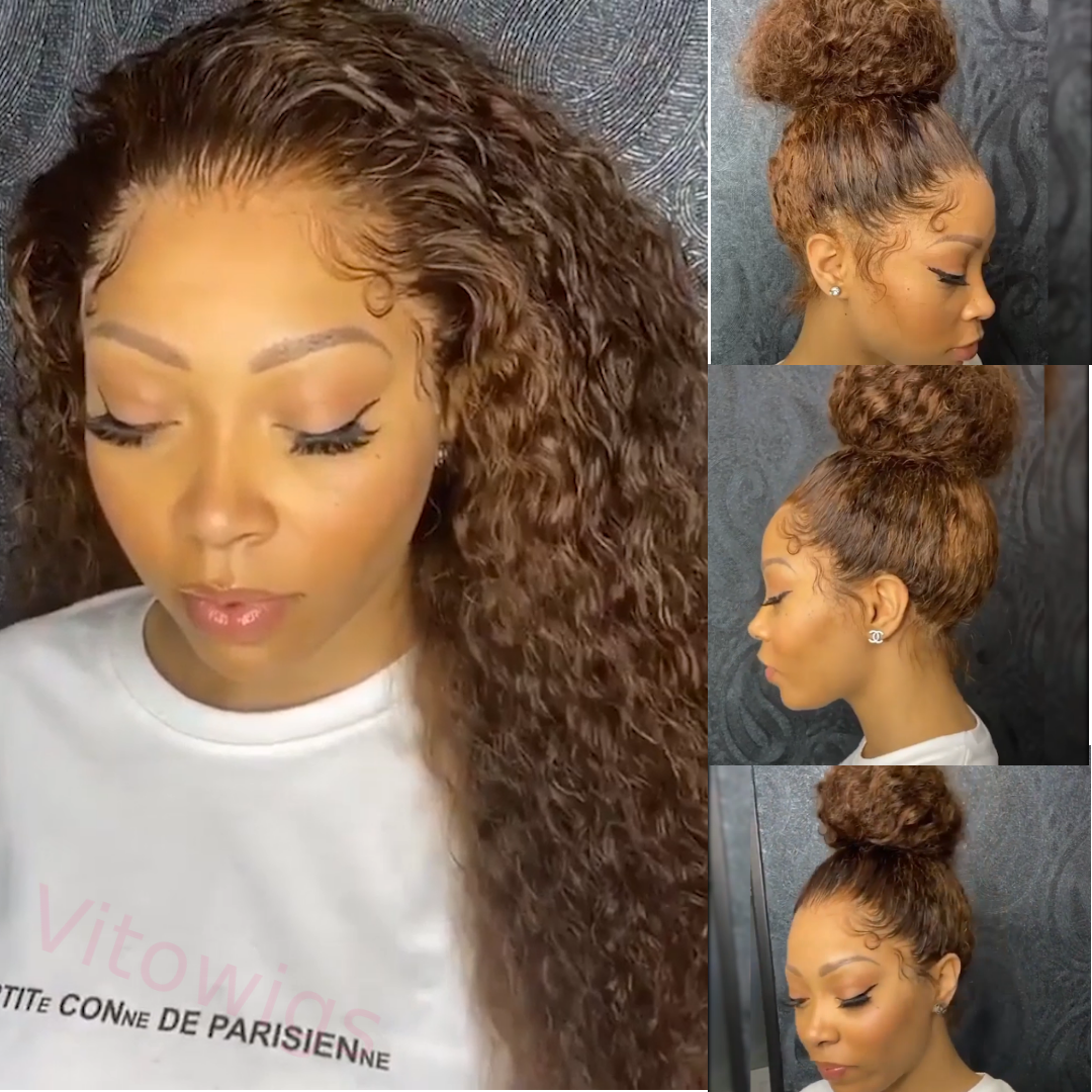Brown Brazilian Water Wave Long Curly Wigs