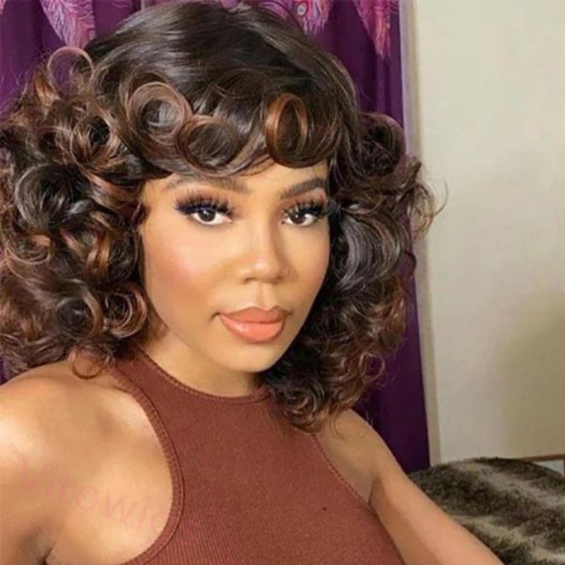 Bouncy Curly Ombre With Bangs Two Tone Color Dark Root Bob Wig