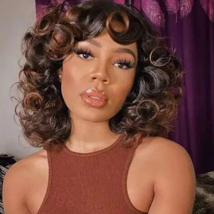 Bouncy Curly Ombre With Bangs Two Tone Color Dark Root Bob Wig